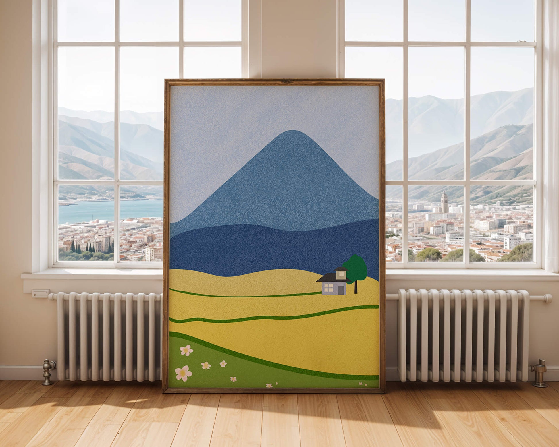 Serene Countryside Landscape with Mountain and Flowers