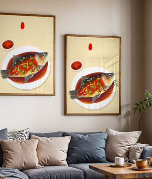 Illustration of a colorful fish dish with garnish