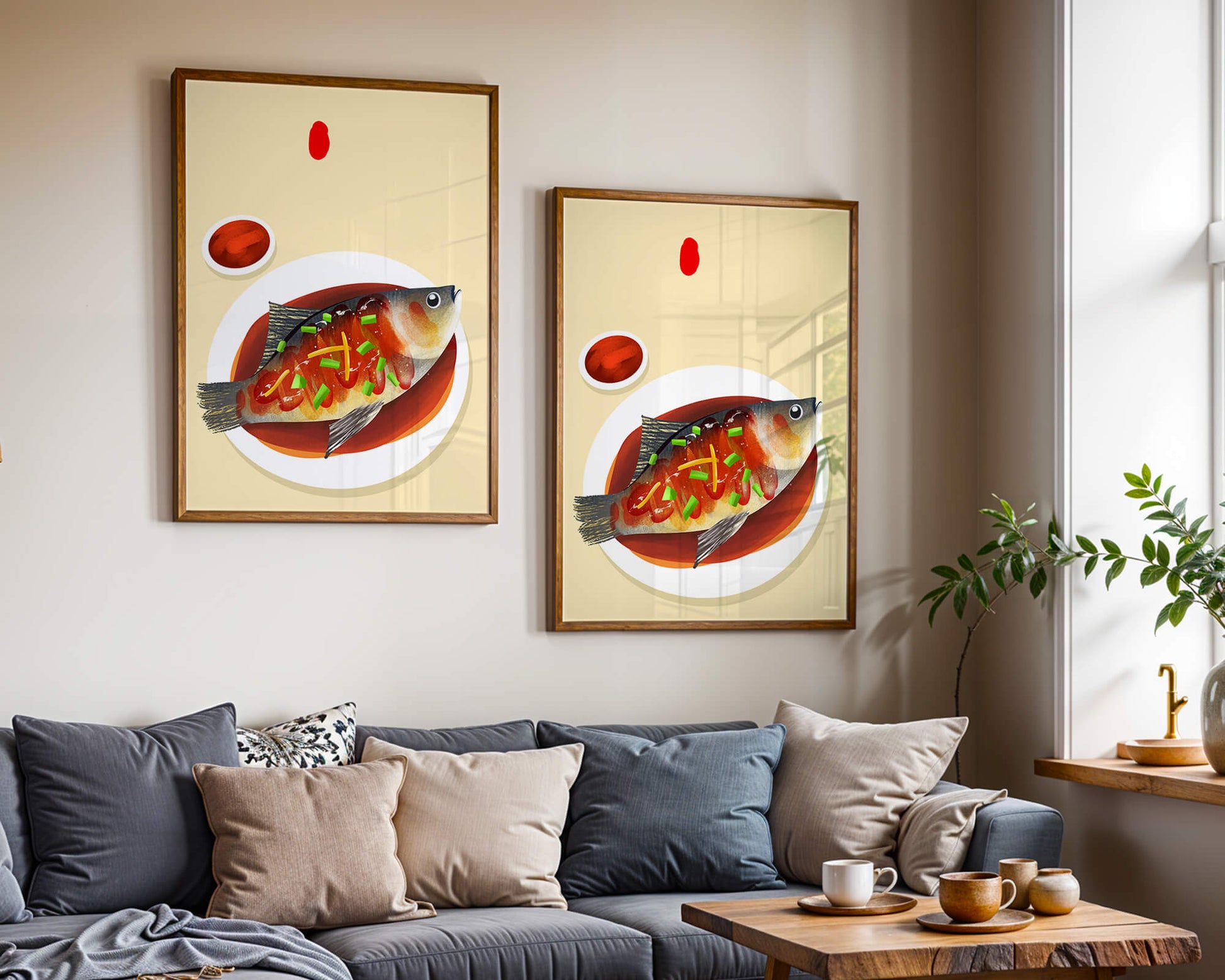 Illustration of a colorful fish dish with garnish
