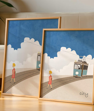 Urban scene with tram and pedestrian under a blue sky