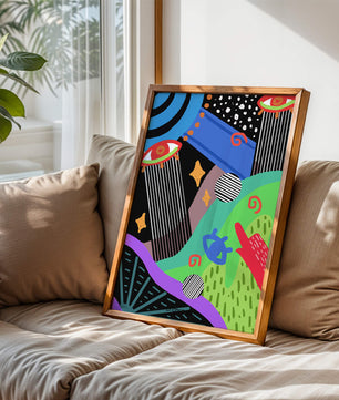 Œuvre d'art psychédélique abstraite colorée avec des formes géométriques et des yeux