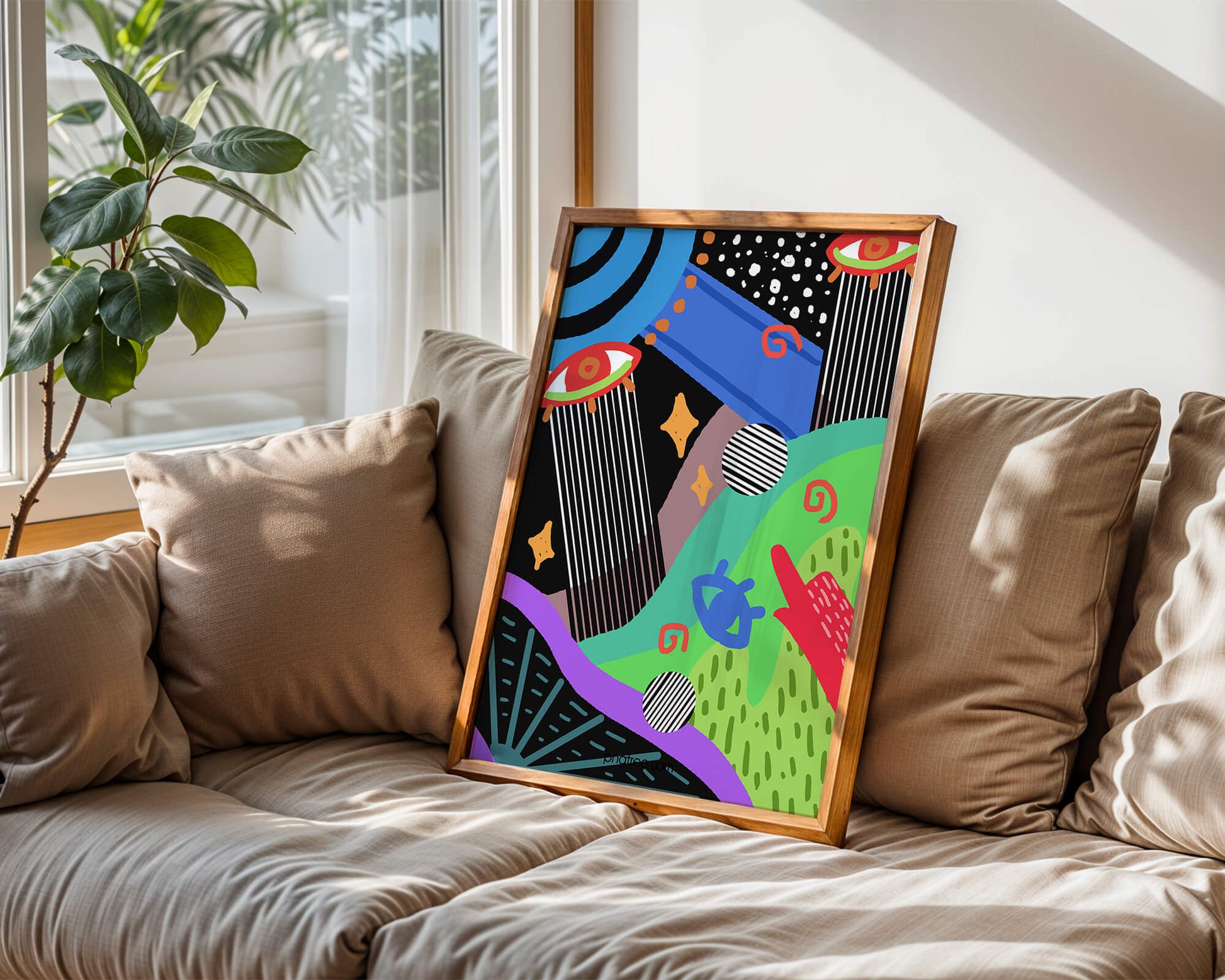 Œuvre d'art psychédélique abstraite colorée avec des formes géométriques et des yeux