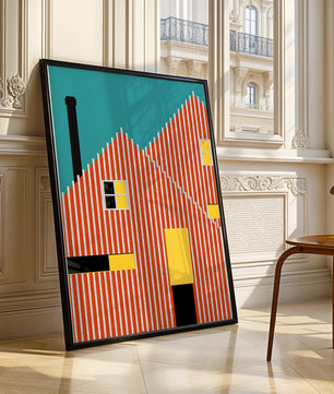 Arquitectura geométrica abstracta con rayas audaces y acentos coloridos
