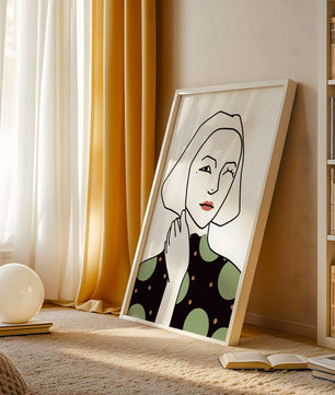 Modern Minimalist Portrait of a Winking Woman in Green Polka Dot Dress - Mi tienda