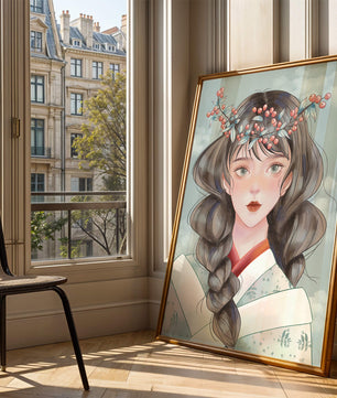 Illustration d'une jeune femme avec une coiffe florale sur fond de ciel nuageux