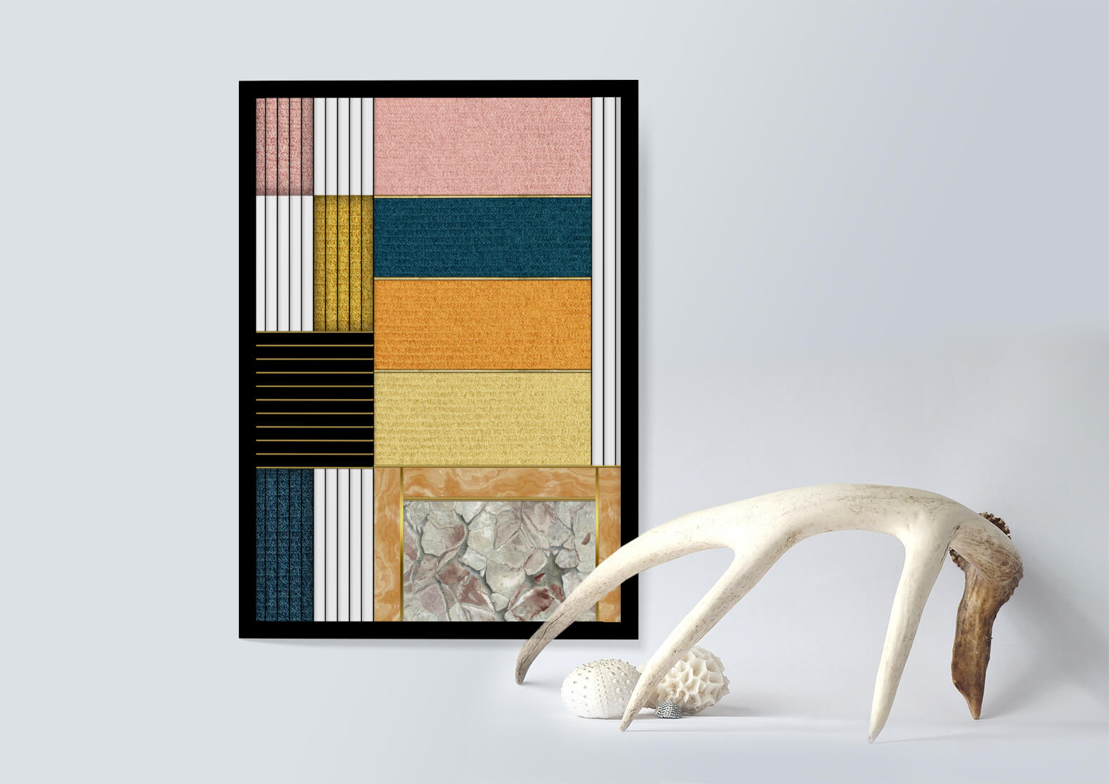 Geometric Abstract Art with Textured Blocks and Gold Accents - Mi tienda