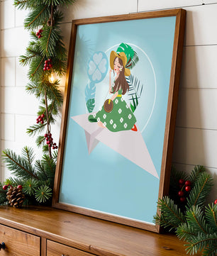 Mujer en un avión de papel con fondo de tema tropical