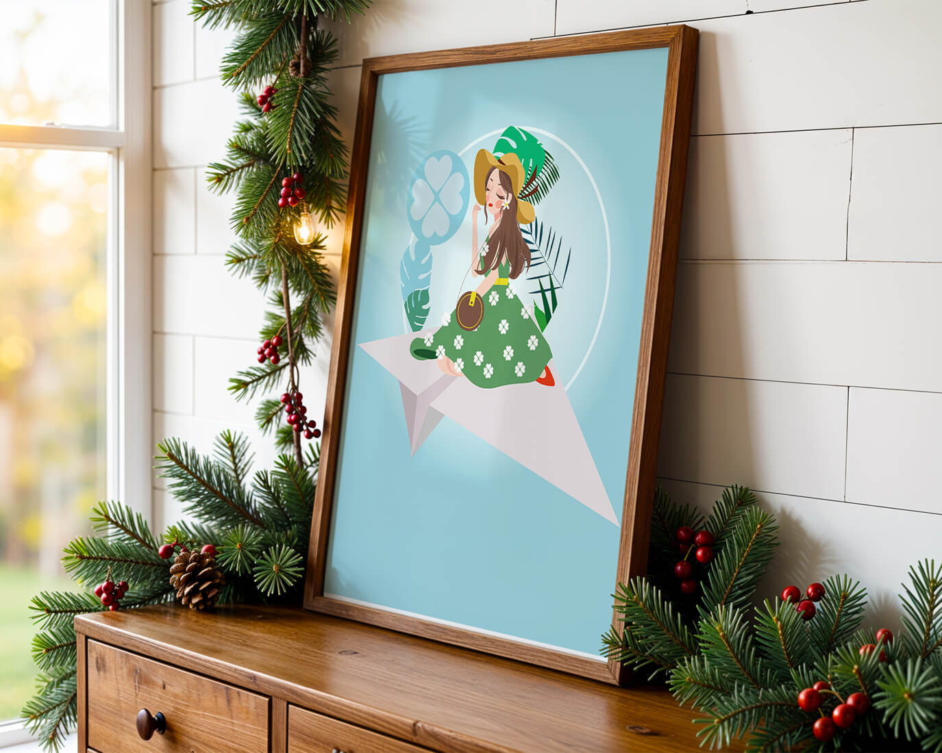 Woman on paper plane with tropical theme background