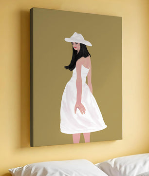 Woman in a white dress and hat on a gold background