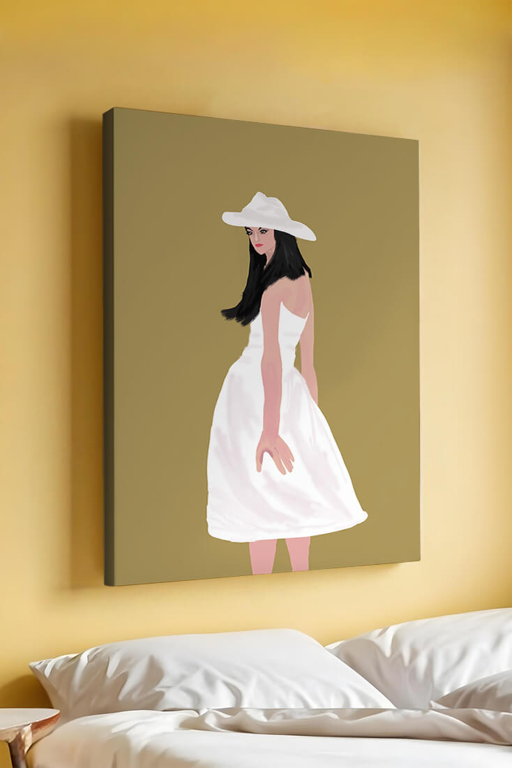 Woman in a white dress and hat on a gold background