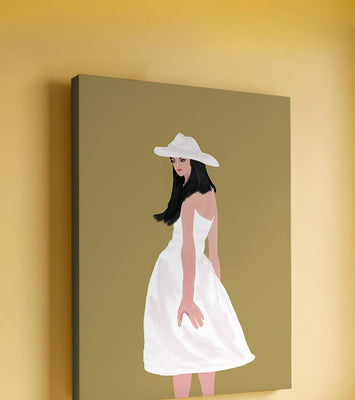Woman in a white dress and hat on a gold background