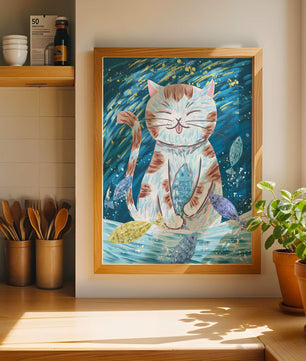 Gato caprichoso con peces coloridos y pinceladas juguetonas