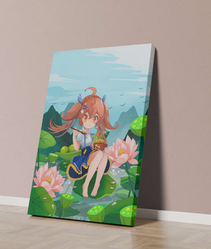 Chica de anime sentada en hojas de lirio con montañas al fondo