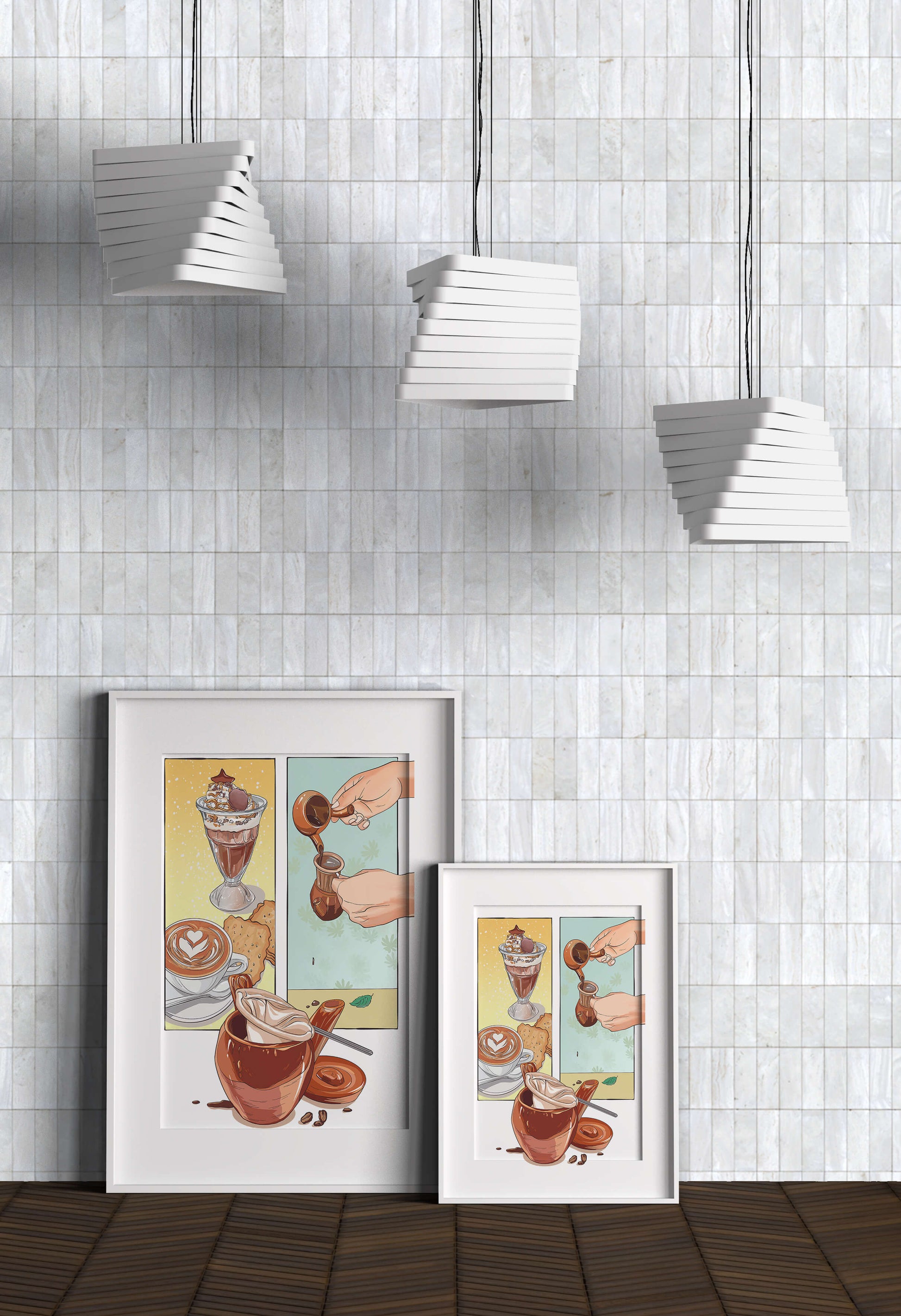 Ilustración artística de café y postre con detalles dorados