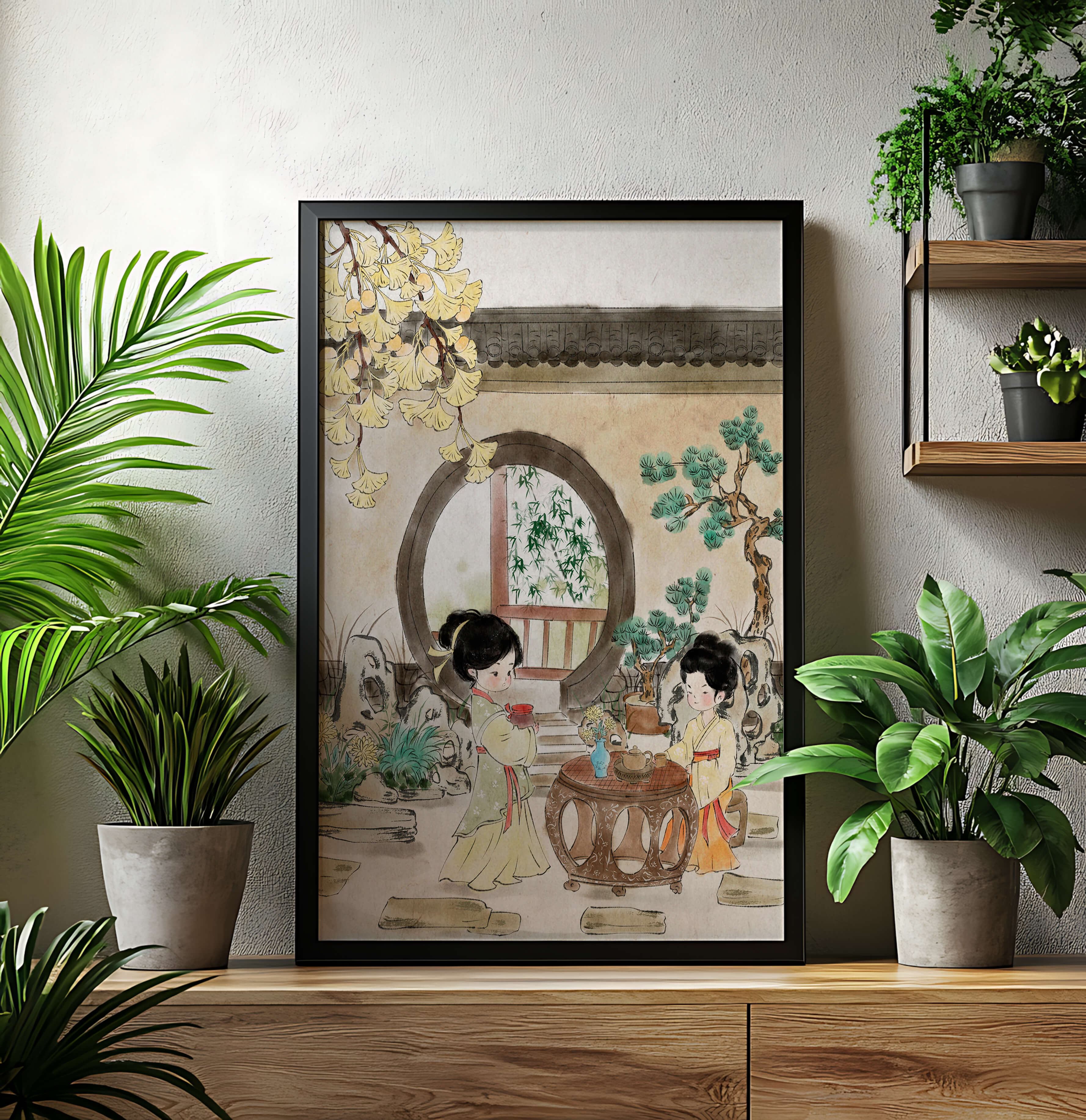 Serene traditional Chinese garden scene with women in elegant attire