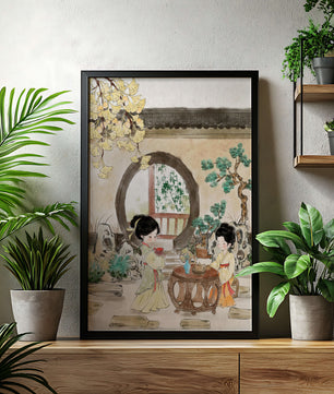 Scène sereine de jardin traditionnel chinois avec des femmes en tenue élégante