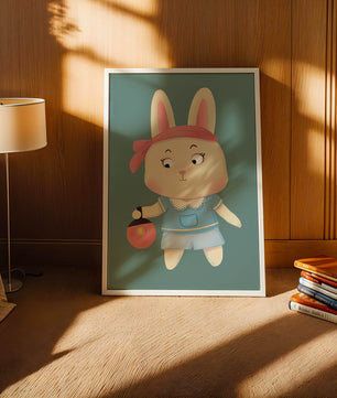 Illustration d'un lapin cartoon avec un bandeau et un sac rond