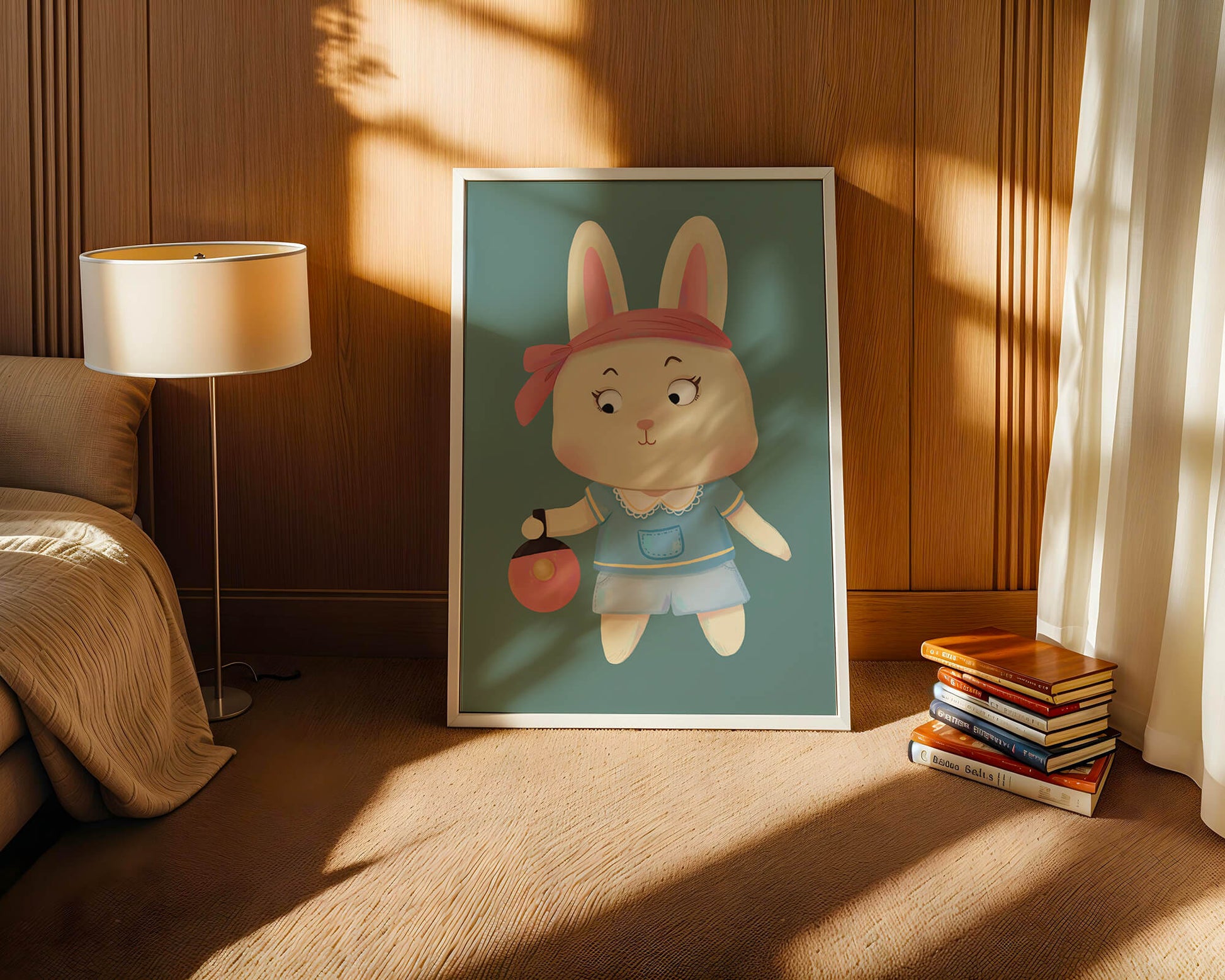 Illustration d'un lapin cartoon avec un bandeau et un sac rond