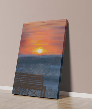 Serene Sunset Overlooking the Ocean with a Wooden Bench