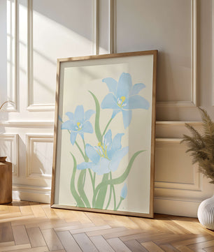 Ilustración elegante de flores azul claro con tallos verdes