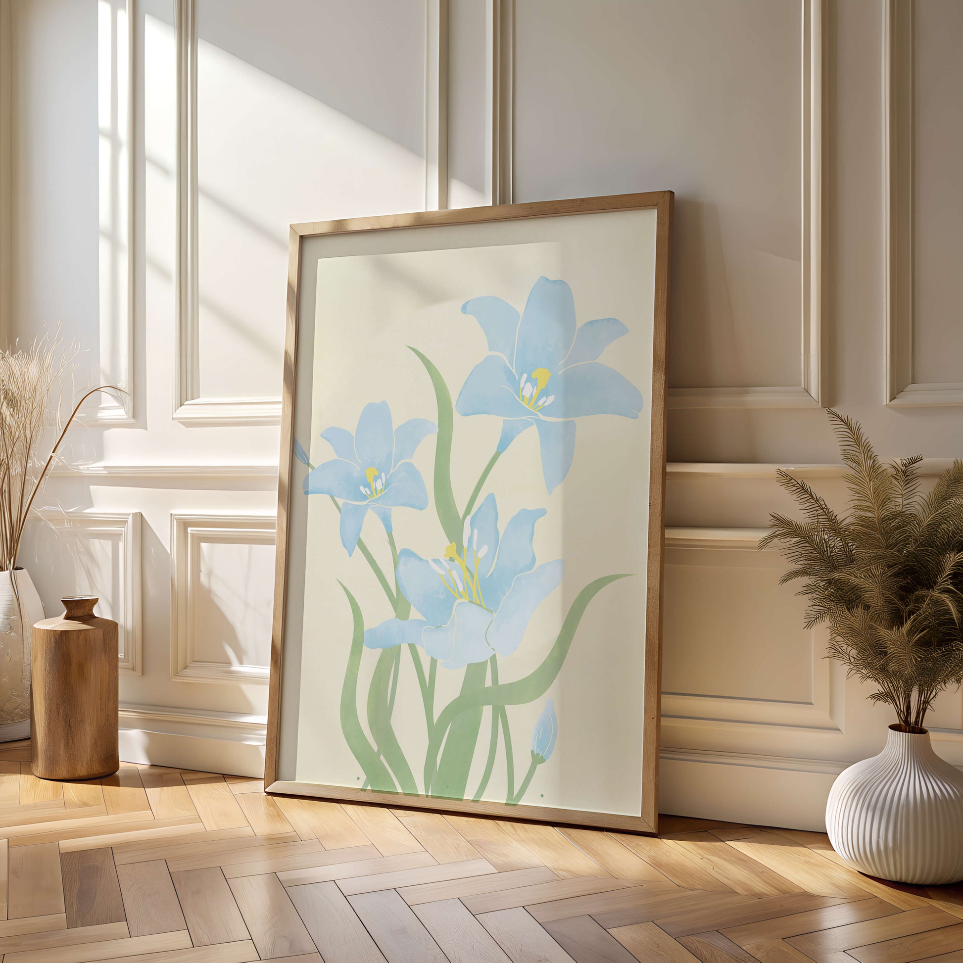 Ilustración elegante de flores azul claro con tallos verdes