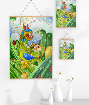 Dragon de dessin animé coloré avec des boulettes dans un paysage fantastique