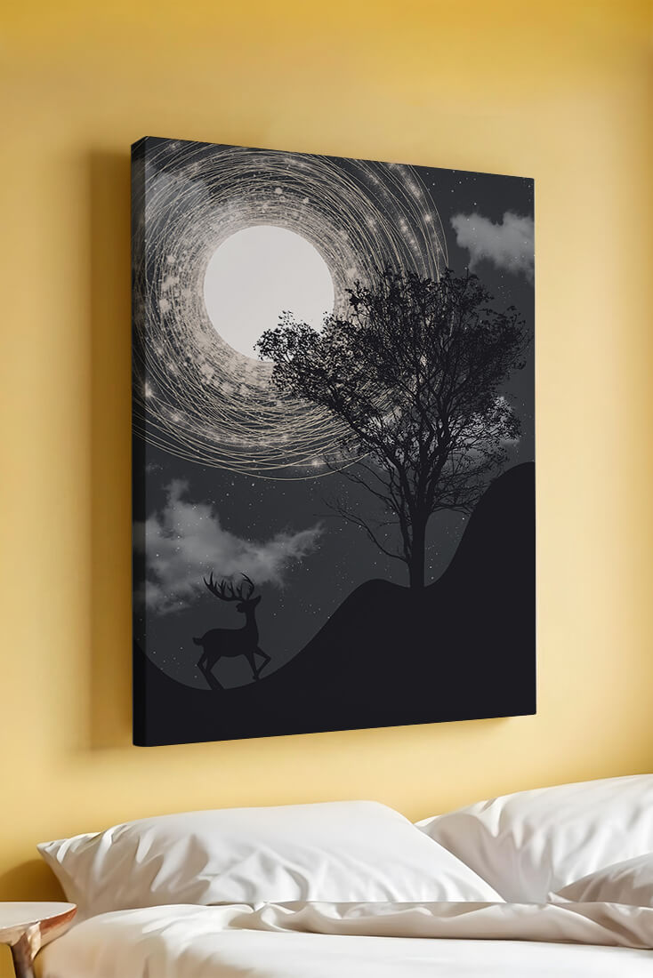 Enchanted night scene with deer silhouette and glowing moon