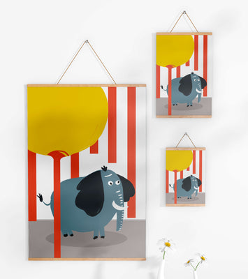 Illustration of a playful elephant with a yellow balloon in abstract setting