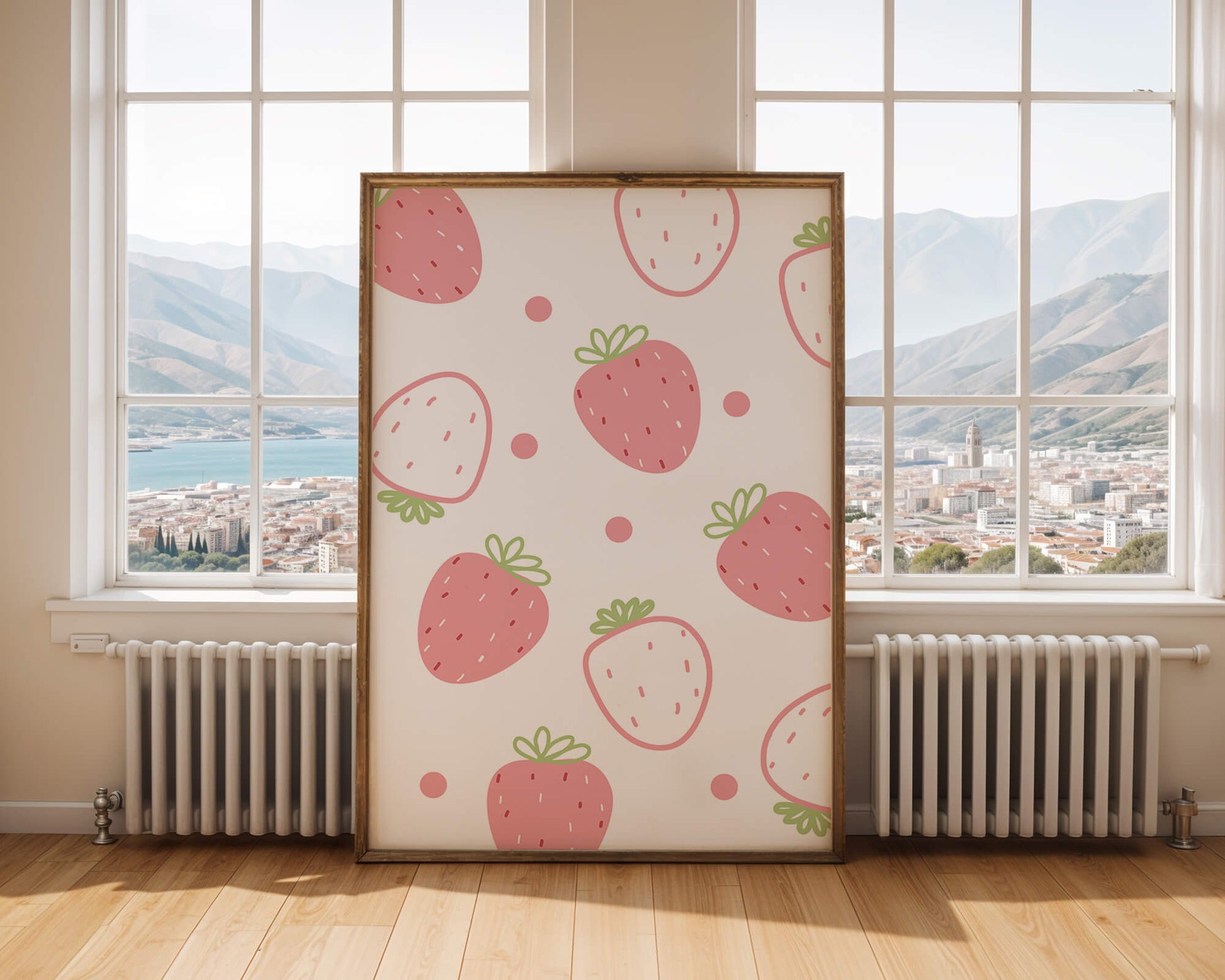 Playful strawberry pattern with pink and white design