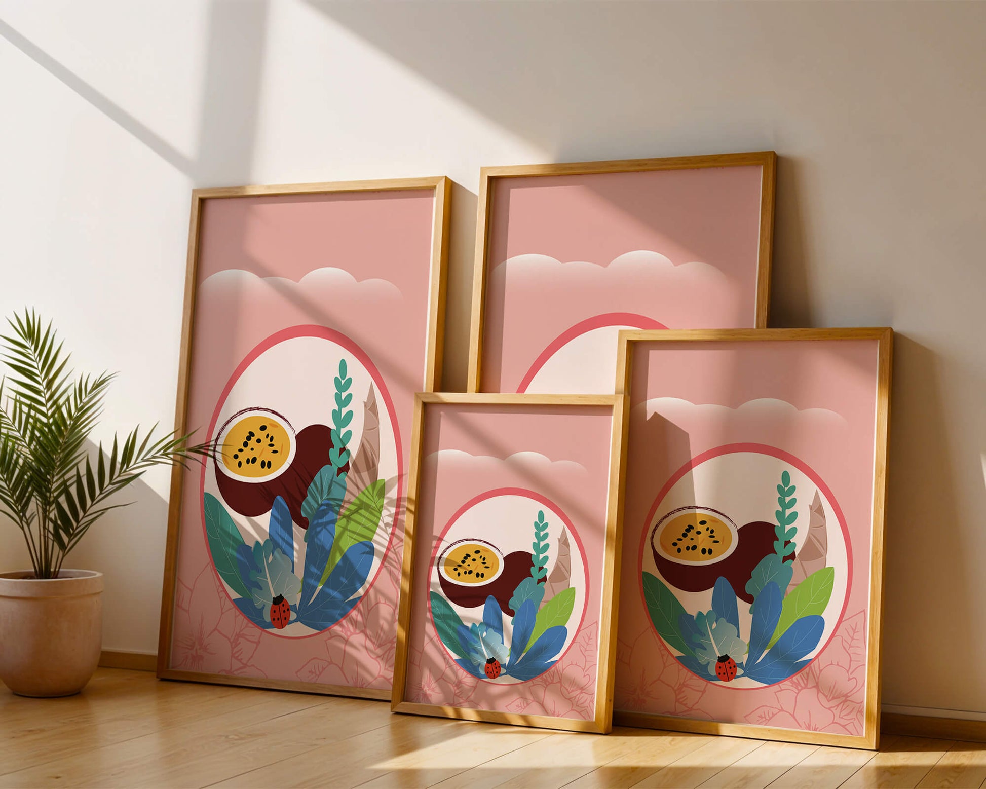 Ilustración de frutas tropicales y hojas con una mariquita sobre un fondo rosa