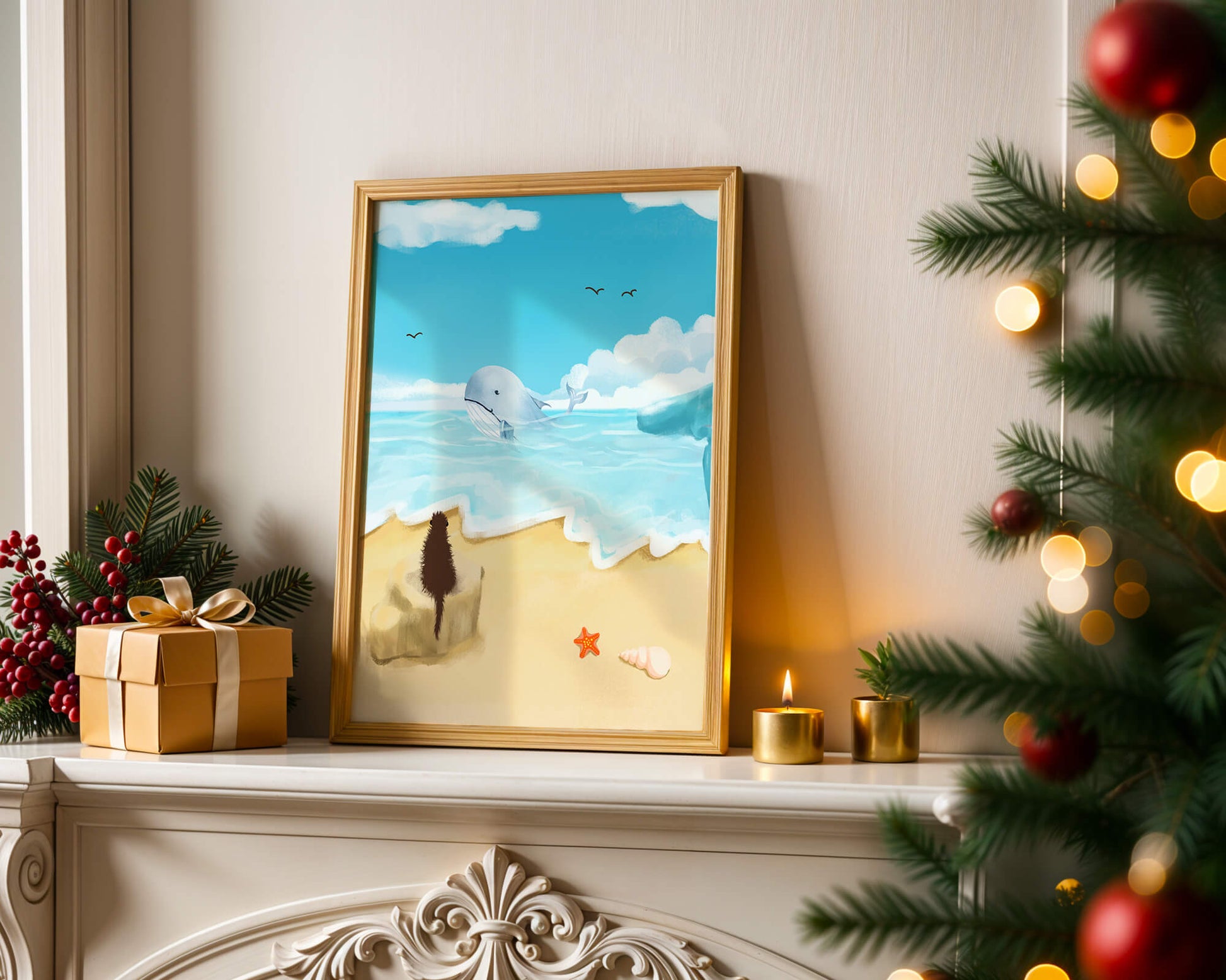 Vista al océano con ballena y elementos de playa