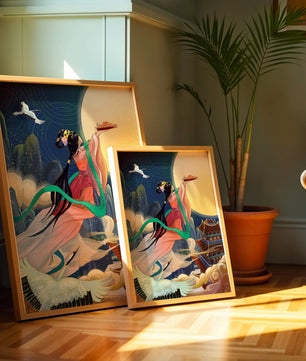 Oriental Fantasy Scene with Woman Offering Gift to the Moon