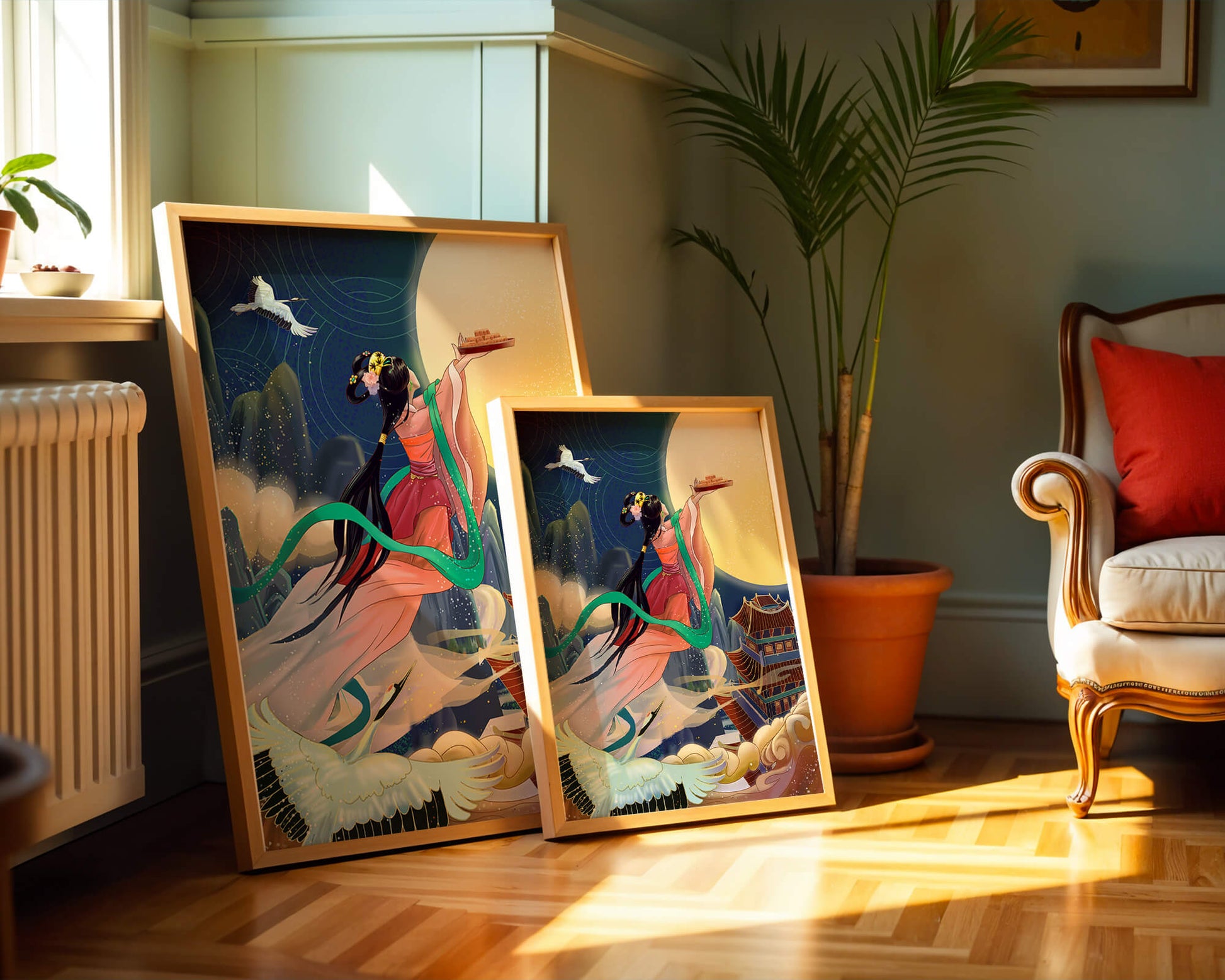 Oriental Fantasy Scene with Woman Offering Gift to the Moon