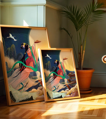 Oriental Fantasy Scene with Woman Offering Gift to the Moon