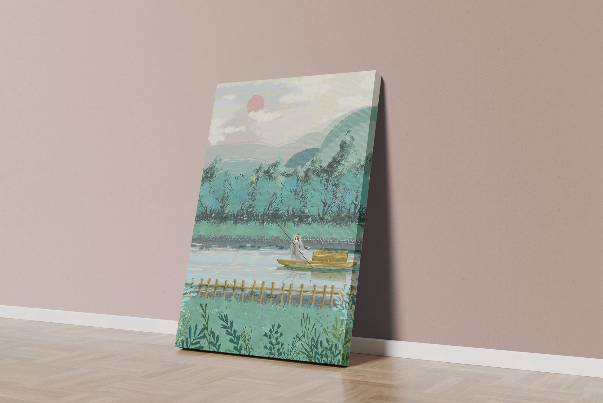 Serene Landscape with Boatman on River at Sunrise