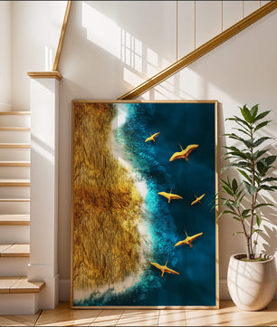 Golden beach landscape with vibrant ocean and flying seabirds
