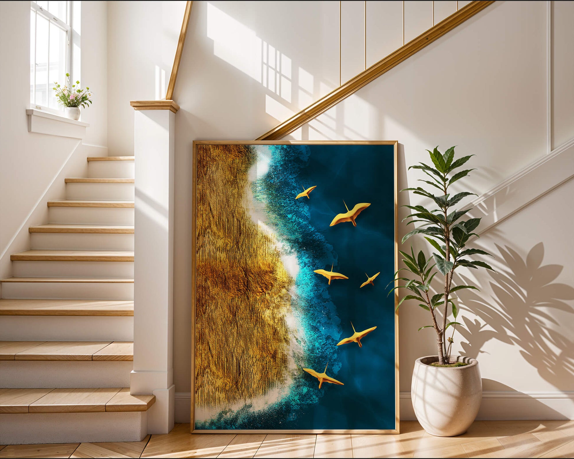 Golden beach landscape with vibrant ocean and flying seabirds