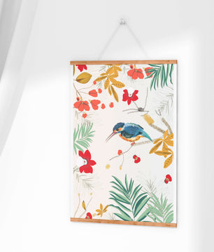 Oiseaux et feuillages colorés dans un décor botanique tropical