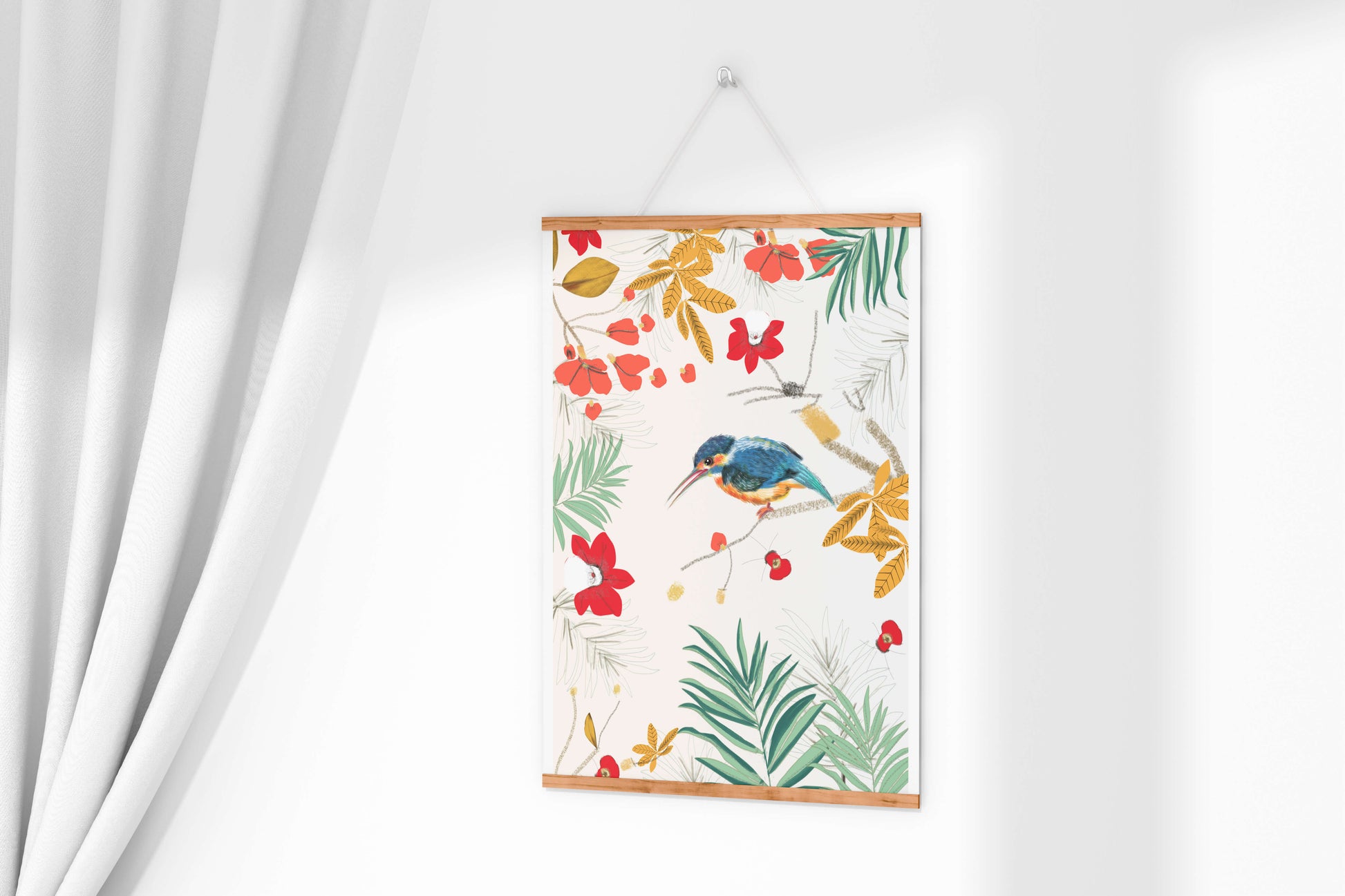 Oiseaux et feuillages colorés dans un décor botanique tropical