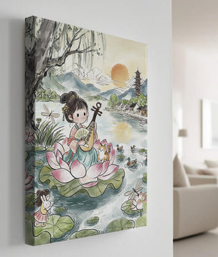 Traditional Asian Scenery with Girl Playing Instrument on Lotus Pond at Sunset