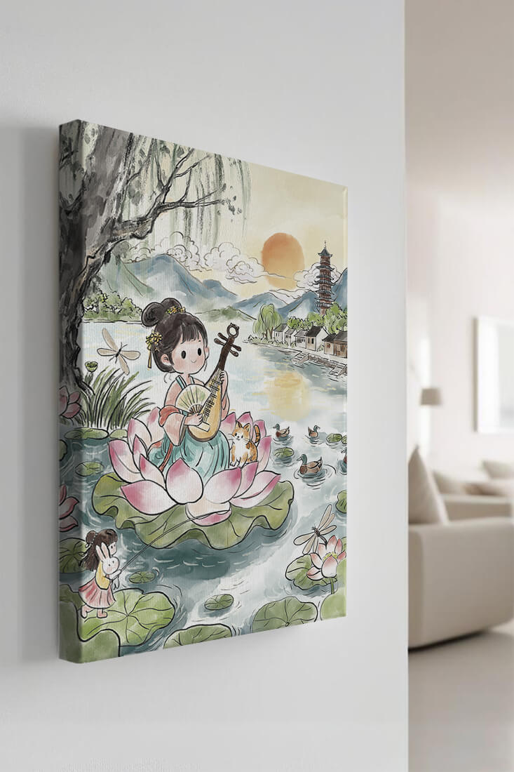 Traditional Asian Scenery with Girl Playing Instrument on Lotus Pond at Sunset