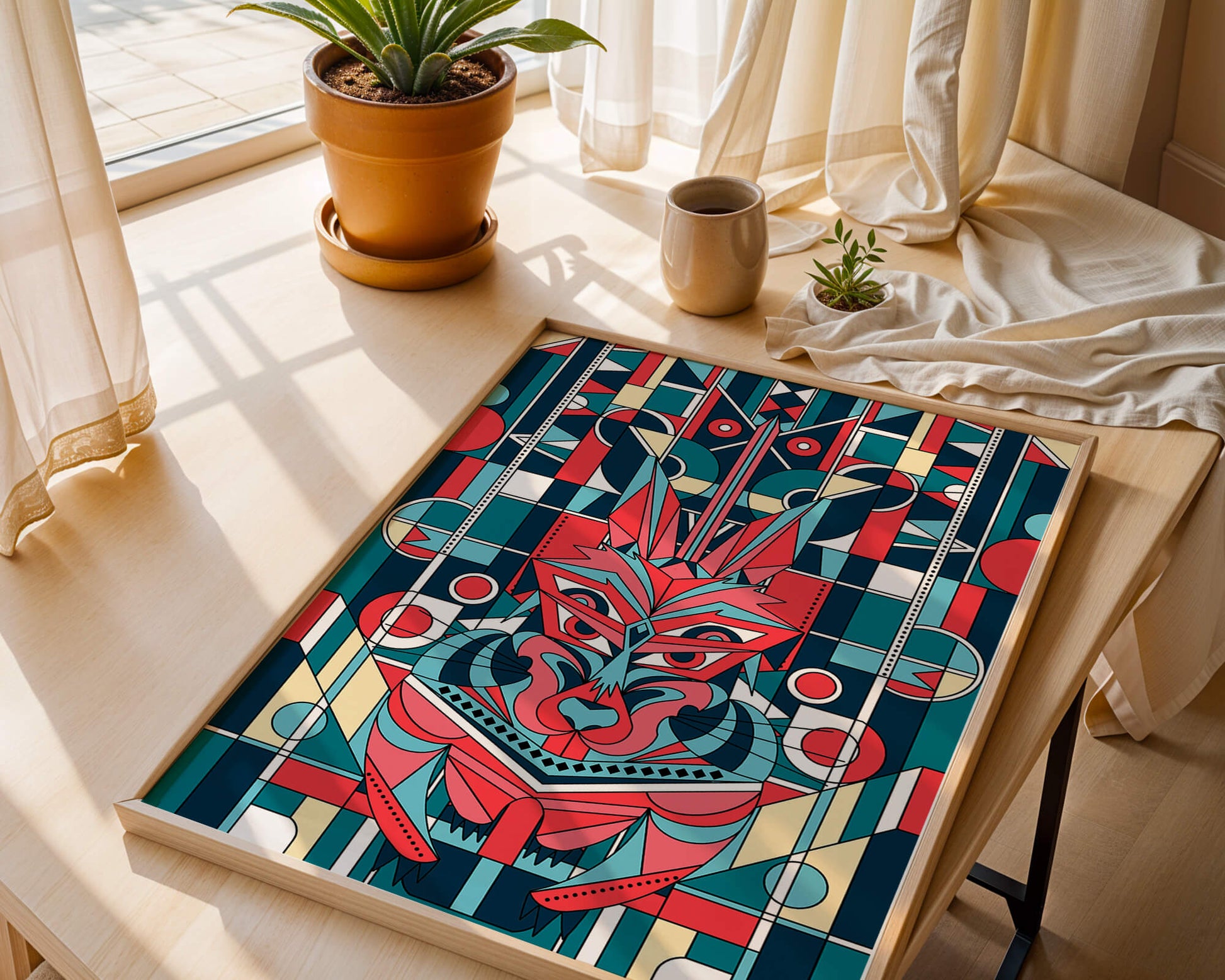 Arte abstracto geométrico de lobo con influencias tribales