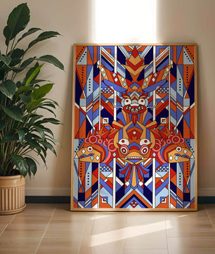 Arte tribal geométrico con colores vibrantes y patrones simétricos