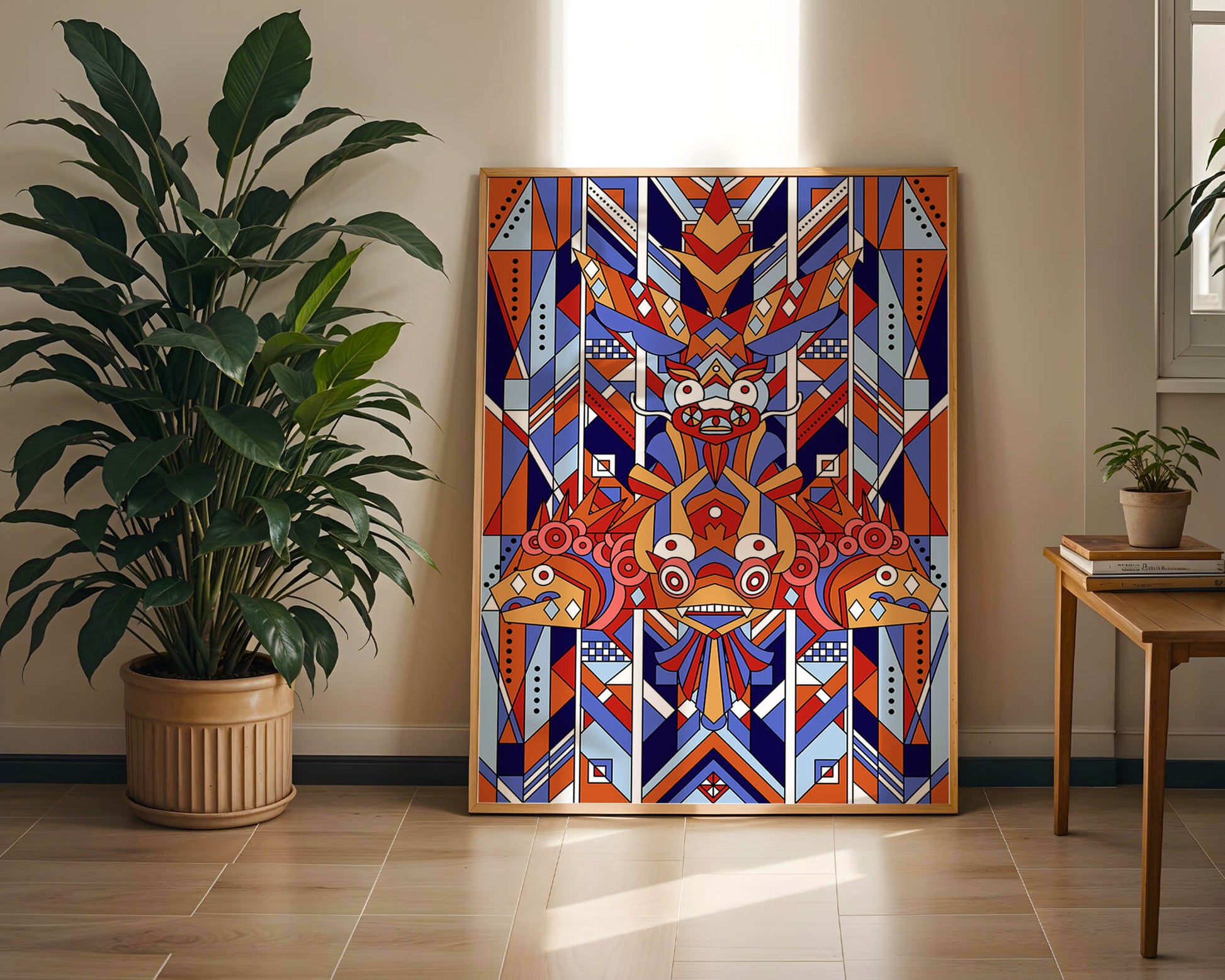 Arte tribal geométrico con colores vibrantes y patrones simétricos