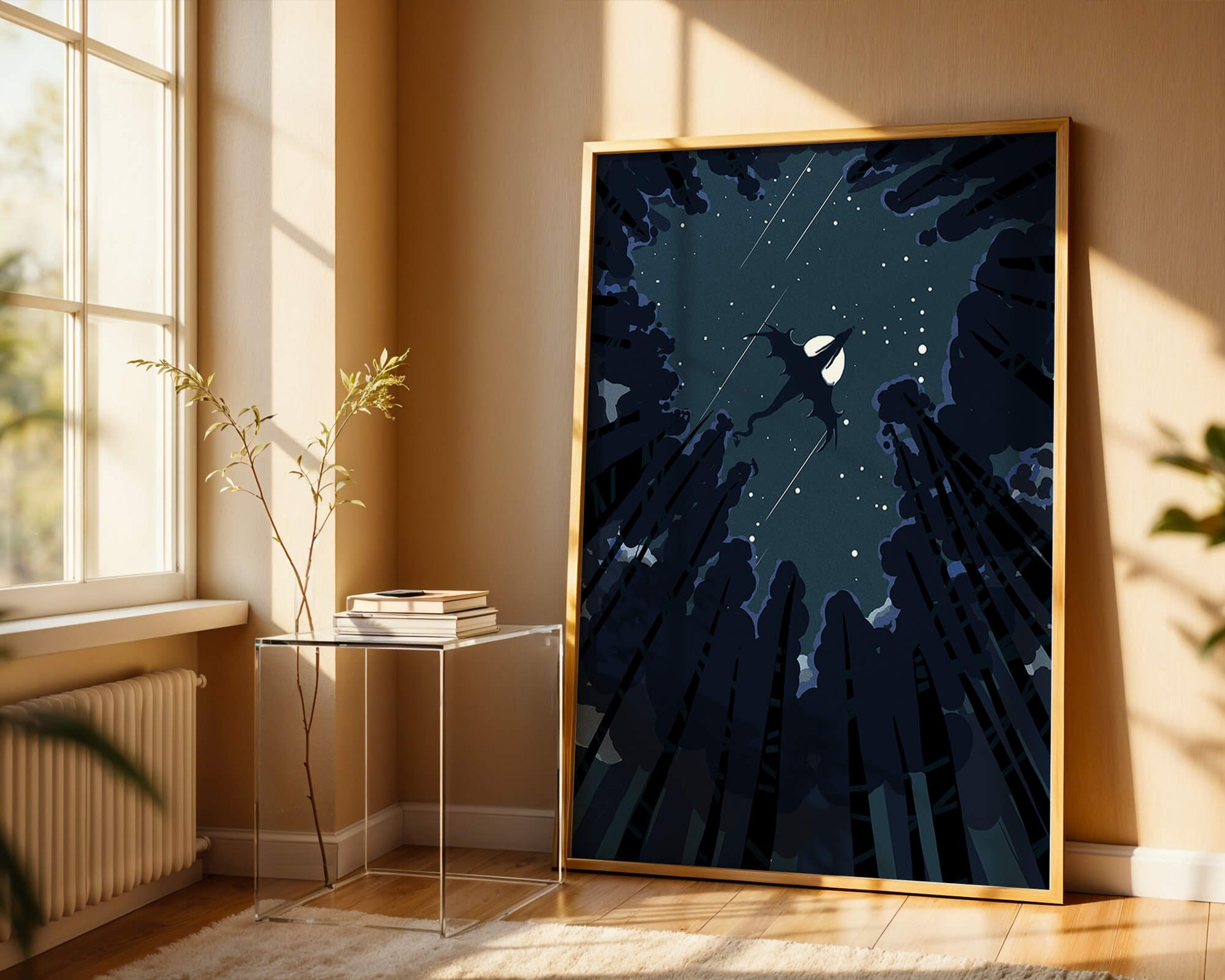 Dragon flying through starry night sky above dark forest