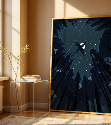 Dragon flying through starry night sky above dark forest