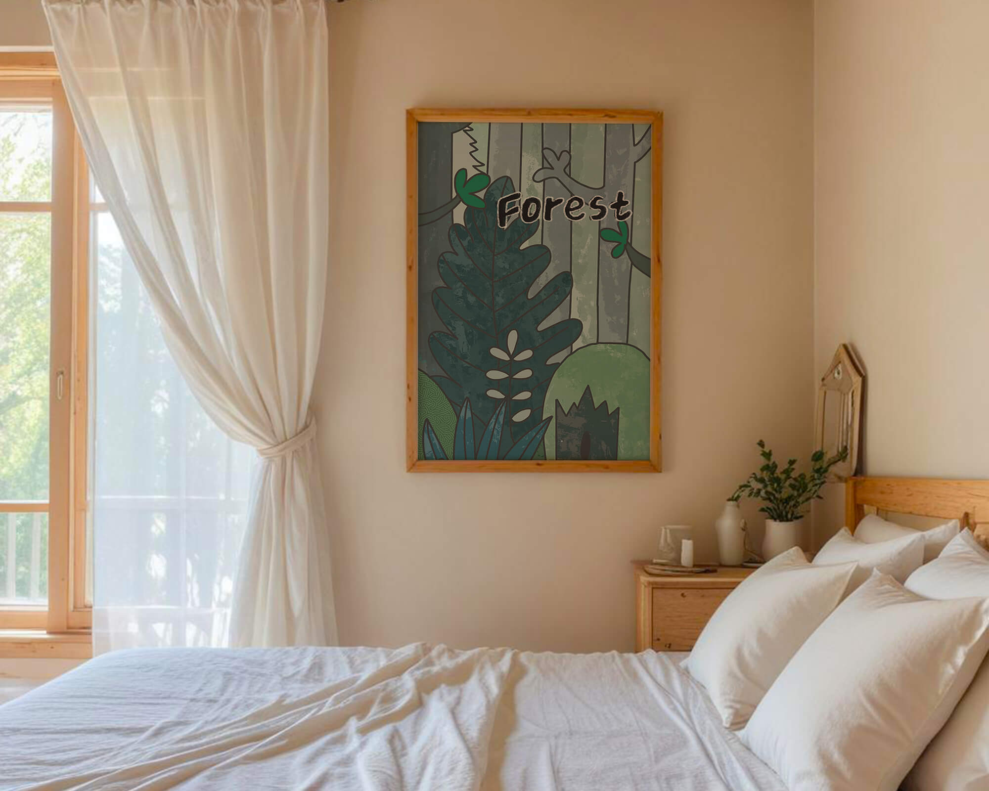 Illustrated forest scene with foliage and text