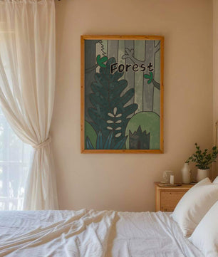 Illustrated forest scene with foliage and text