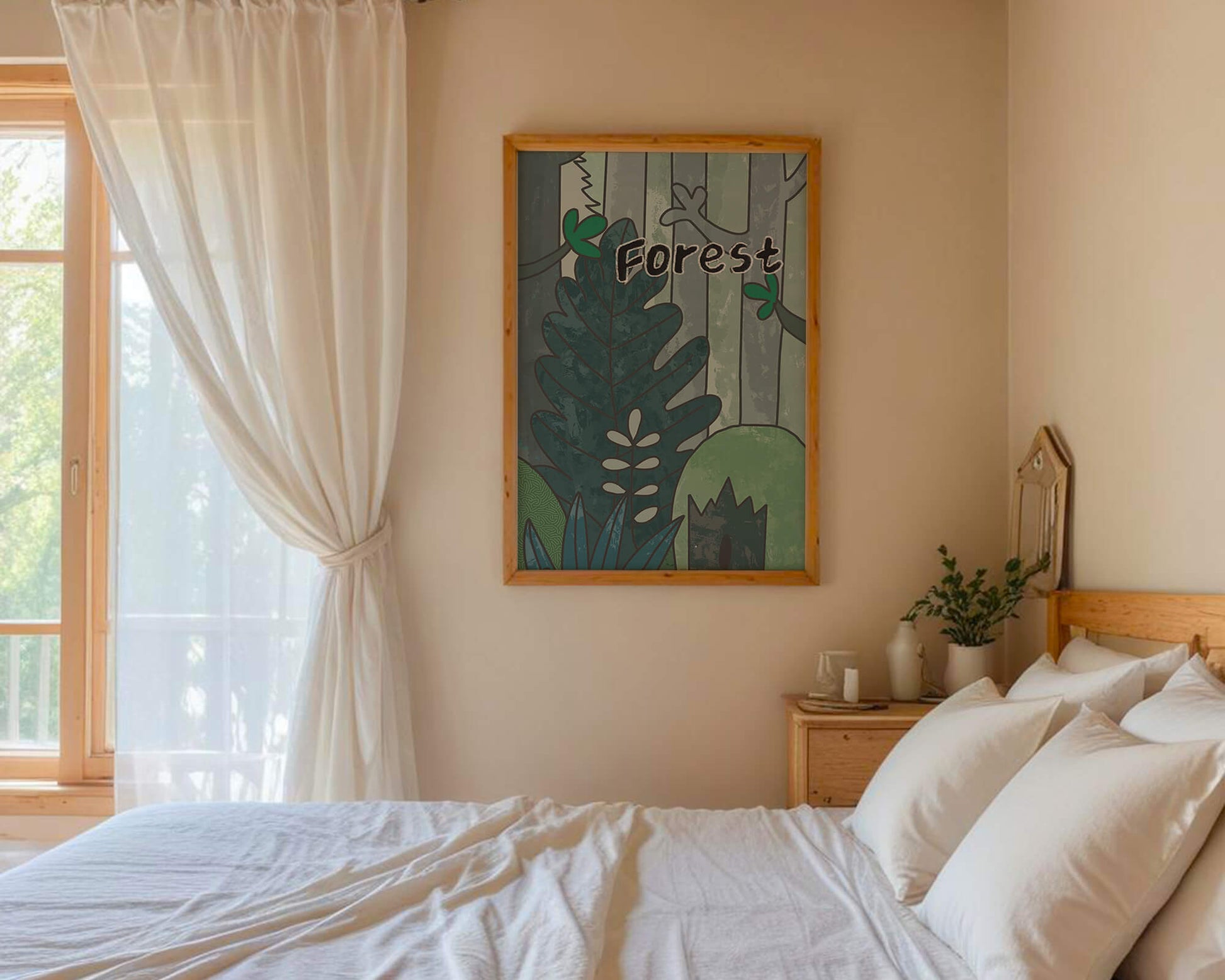 Illustrated forest scene with foliage and text