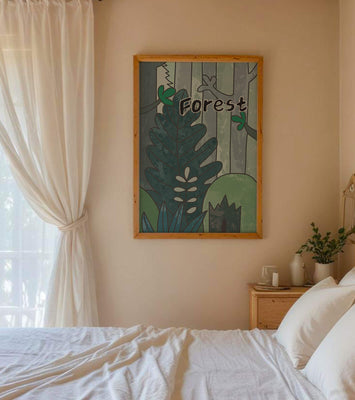 Illustrated forest scene with foliage and text